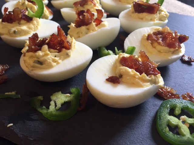 Maple Candied Bacon and Jalapeno Topped Deviled Eggs